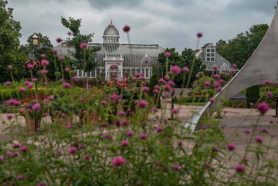 A large glasshouse with a domed roof and classical architectural details is situated in a garden surrounded by trees and flowerbeds, with various potted plants and blooms visible in the foreground. Th